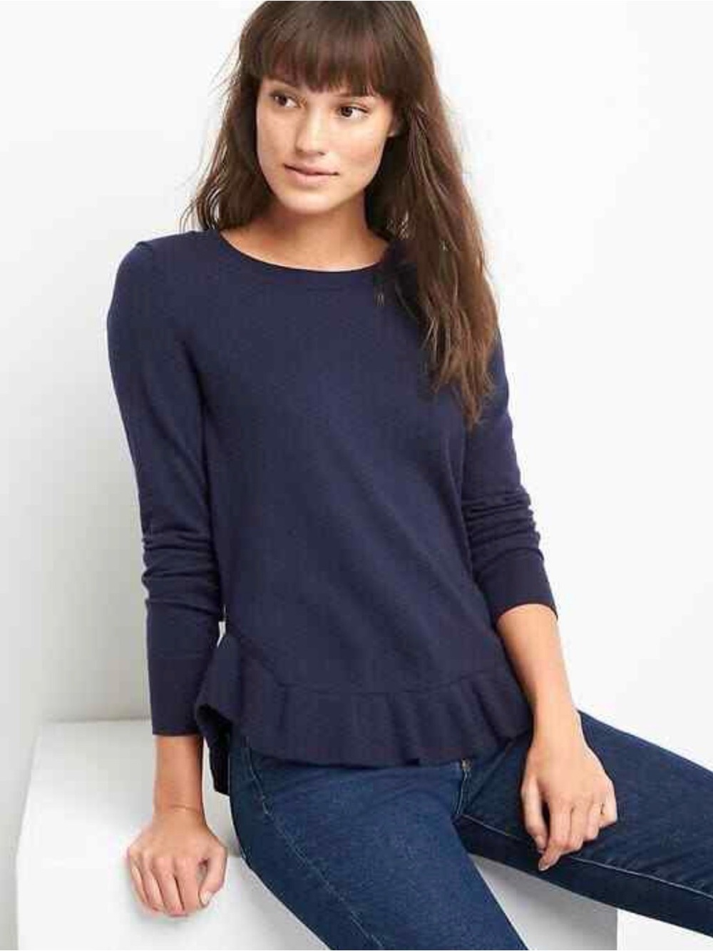 Gap Navy Blue Flutter Ruffle Hem Long Sleeve Merino Wool Blend Sweater Size M